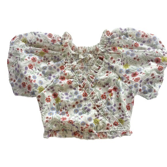 70/21 Ruffle Trim Floral Print Crop Top Womens Size Large with Puff Sleeves NWT - Picture 4 of 14